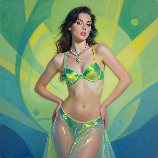 Digital painting of a fair-skinned woman with long dark hair, wearing a green, shiny bikini and sheer sarong, adorned with a star necklace,