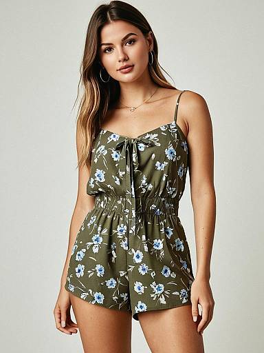 Woman in Khaki Green Floral Romper