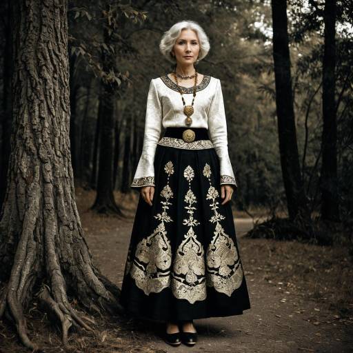 Elderly Woman in Traditional Brocade Dress in Forest