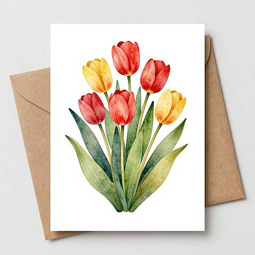 Watercolor painting of six red and yellow tulips with green leaves on white paper, set against a brown envelope background.