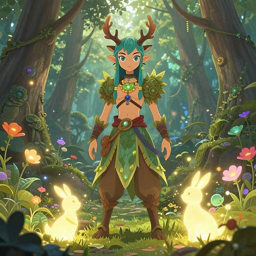 Digital anime-style drawing of a turquoise-haired, elf girl with antlers, wearing green armor and leafy skirt, standing in a magical forest with glowing