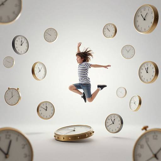 Photograph of a child with brown hair, wearing a striped shirt and denim shorts, jumping amidst floating gold and white clocks.