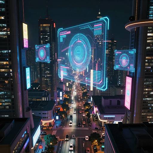 Neon-lit futuristic cityscape at night, vibrant blue and pink holographic grid overlays tall skyscrapers, busy street below with cars and pedestrians