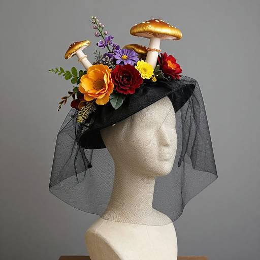 Photograph of a white mannequin head wearing a black veil, adorned with colorful flowers and golden mushrooms on top. Gray background.