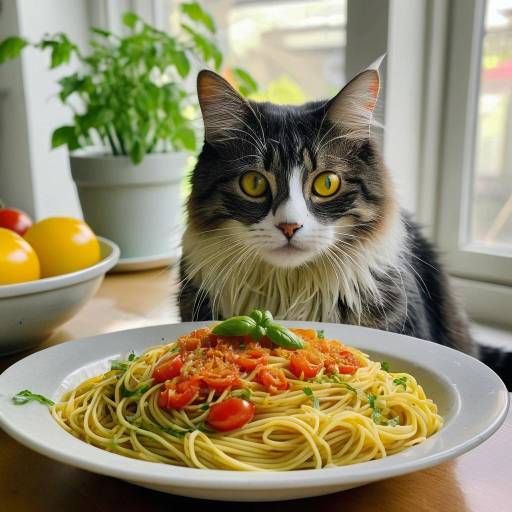Solo Cat Enjoying Pasta at Home