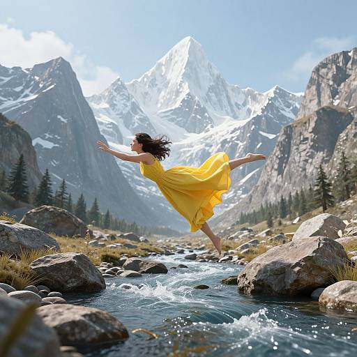 Photograph of a woman in a flowing yellow dress, mid-leap, over a rocky stream, with majestic snow-capped mountains in the background.