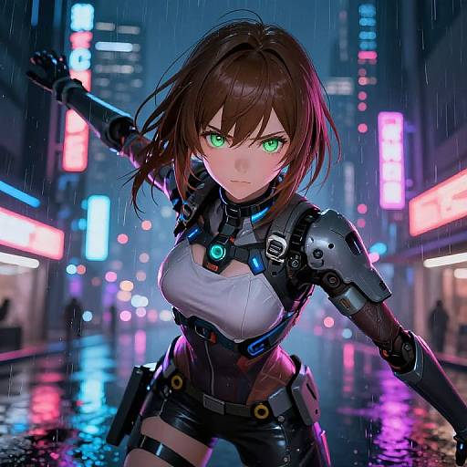 Digital anime-style artwork of a fierce, green-eyed, brown-haired woman in a cyberpunk rain-soaked city, wearing a black and white armored suit