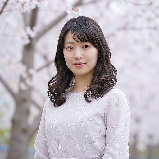 Photograph of a young Asian woman with wavy black hair, wearing a white lace top, standing in front of a blurred background of blooming cherry