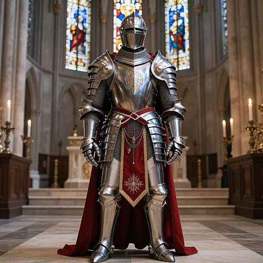 Photograph of a medieval knight in shiny silver armor with a red velvet cloak, standing in a grand, candlelit cathedral with colorful stained glass windows in