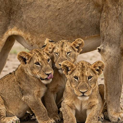 Adorable Lion Cubs Snuggling with Adult