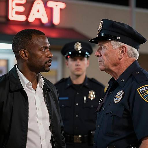 Tense Confrontation Between Man and Police Officers at Night