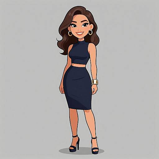 Digital cartoon of a smiling woman with long brown hair, wearing a navy sleeveless crop top and matching skirt, black heels, and gold earrings and bracelet