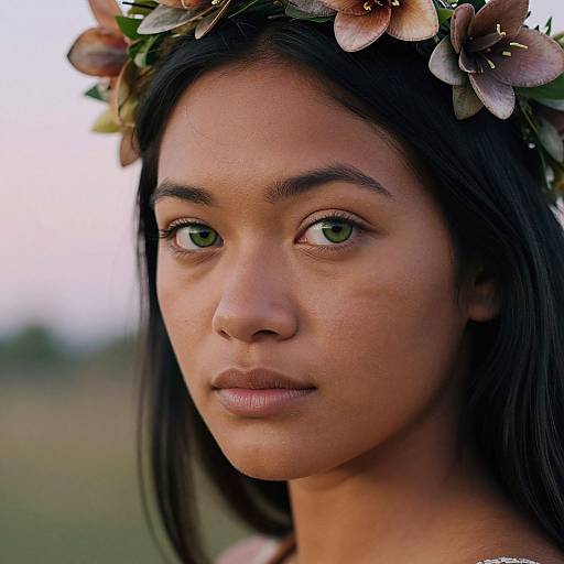 Close-up photograph of a young woman with medium brown skin, green eyes, wearing a floral crown, and a neutral expression, set against a blurred outdoor