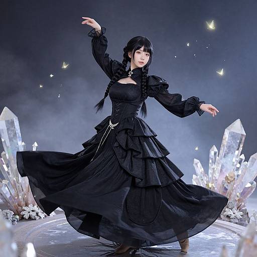 Photograph of a gothic woman with black braided hair, wearing a layered black dress, dancing amid glowing crystal formations and floating butterflies.