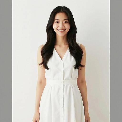 Photograph of an Asian woman with long black hair, smiling, wearing a sleeveless white V-neck dress, standing against a plain white background.