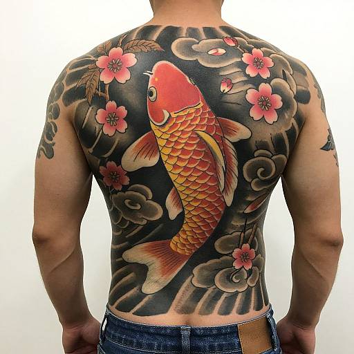 Photograph of a muscular man's back tattoo featuring a vibrant red and gold koi fish with cherry blossoms and clouds.