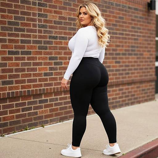 Photograph of a curvy blonde woman with long wavy hair, wearing a white long-sleeve top, black high-waisted leggings,