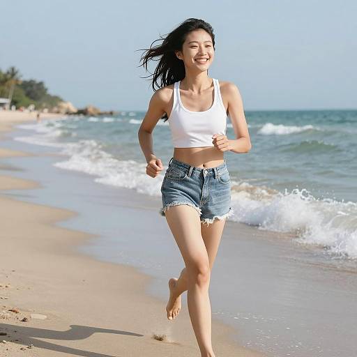 Joyful Woman Running on Beach