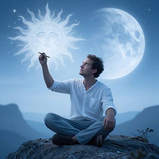 Photograph of a young man in a white shirt and jeans, sitting cross-legged on a rock, holding a glowing sun-like ethereal light against a