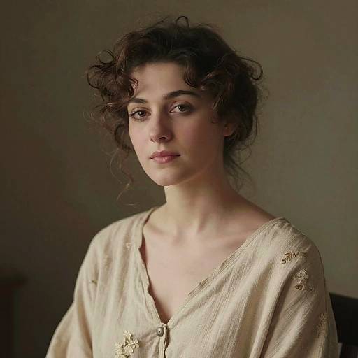 Photograph of a young woman with curly brown hair, fair skin, and soft brown eyes, wearing a cream-colored, embroidered blouse.