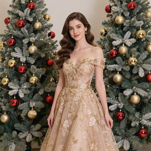 Elegant Woman in Gold Floral Lace Gown by Christmas Trees