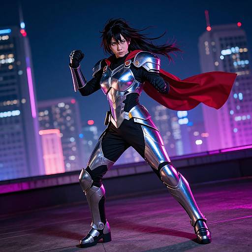 Digital art of a fierce, armored female superhero with black hair, red cape, and silver armor, standing confidently at night in a neon-lit city