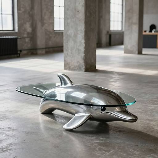 Photograph of a silver, dolphin-shaped chair with a transparent glass top, placed in a sunlit, industrial-style room with concrete columns and large windows