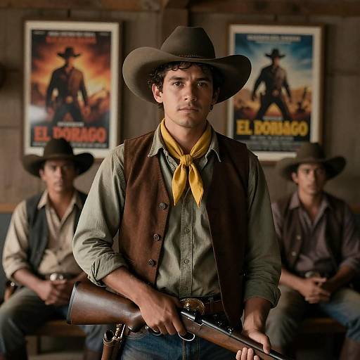 Three Cowboys in Rustic Wooden Room