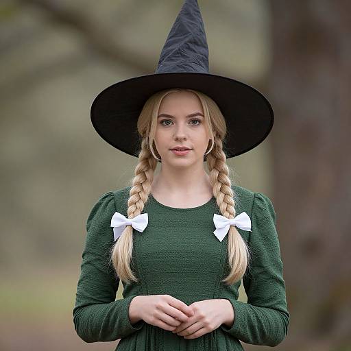 Photograph of a young blonde woman with braided hair, wearing a black witch hat, green dress, and white bows, standing in a forest.