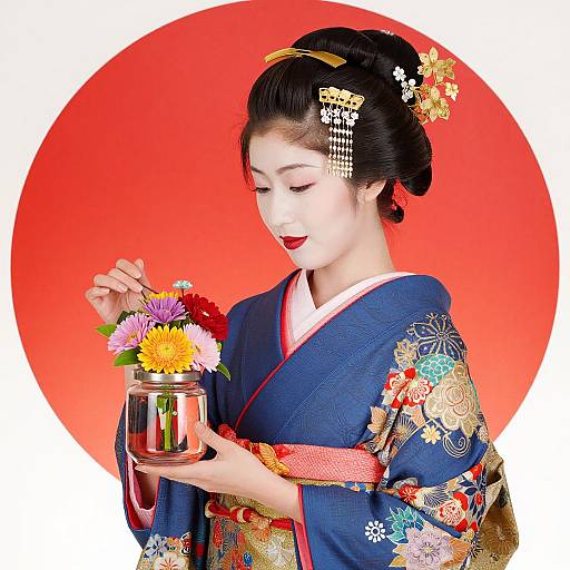 Photograph of an Asian woman in a colorful, floral-patterned blue kimono, holding a jar of vibrant flowers, against a red circular background.