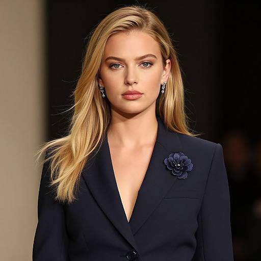 Photograph of a blonde, fair-skinned model with blue eyes, wearing a black blazer with a dark blue flower pin, and elegant earrings,