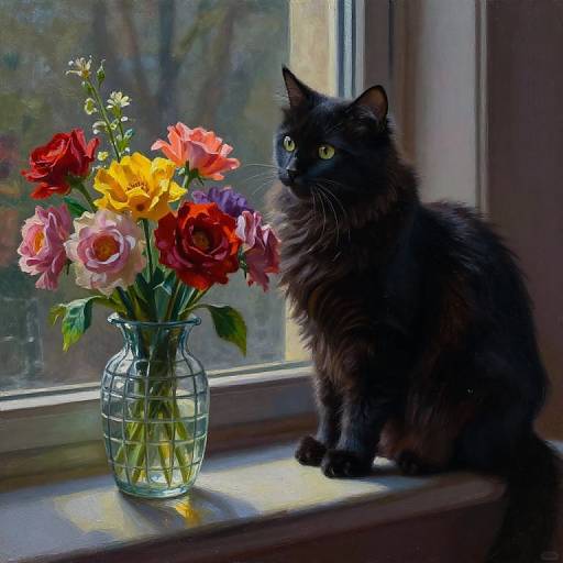 Photograph of a black cat with bright green eyes sitting on a windowsill, gazing at a vibrant bouquet of red, yellow, and pink flowers