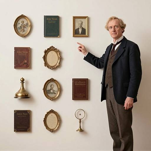 Photograph of an elderly white man in a dark suit, pointing at a gallery wall of framed books, portraits, and awards.