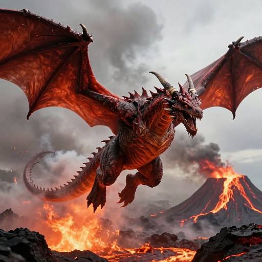 Digital artwork of a fierce red dragon with large wings soaring over a volcanic landscape, surrounded by flames and billowing smoke.
