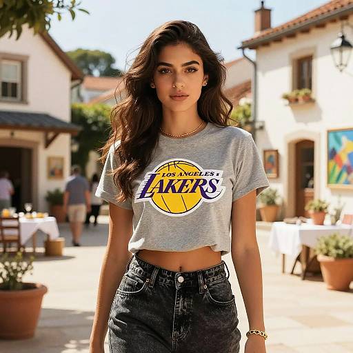 Stylish Woman in Lakers Tee Art Scene