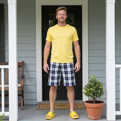 Photograph of a smiling, bearded man in a yellow t-shirt, plaid shorts, and yellow flip-flops, standing on a gray porch