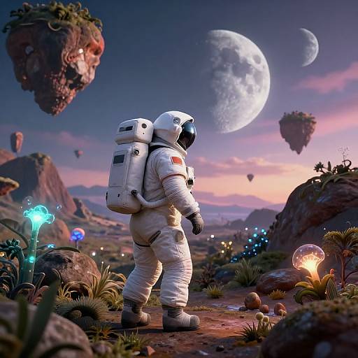 Astronaut Exploring Alien Planet with Floating Rocks