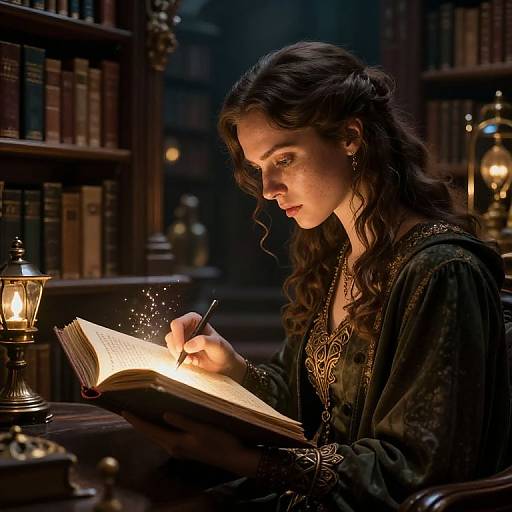 Photograph of a young woman with long curly hair, wearing a dark, ornate robe, reading a glowing book in a dimly lit library.