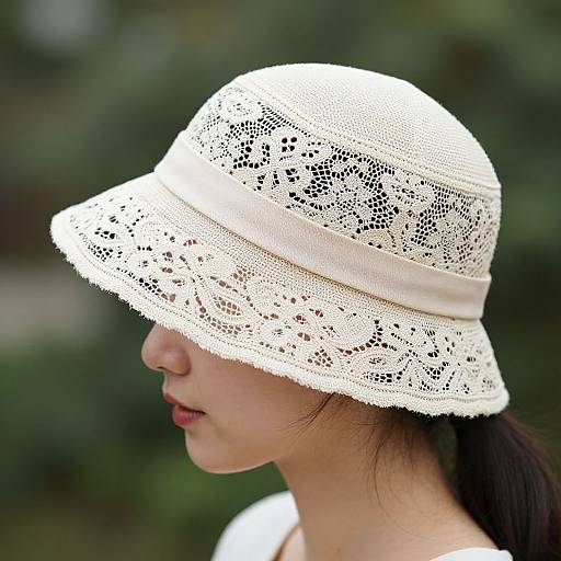 Photograph of an Asian woman in profile, wearing a white, lace-trimmed sun hat, with dark hair and blurred green background.