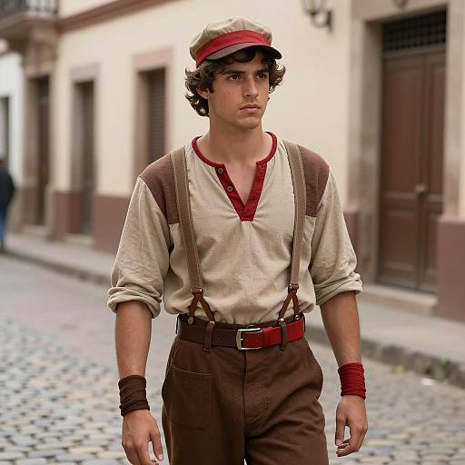 Young Man in Chavo del Ocho Costume on Cobblestone Street