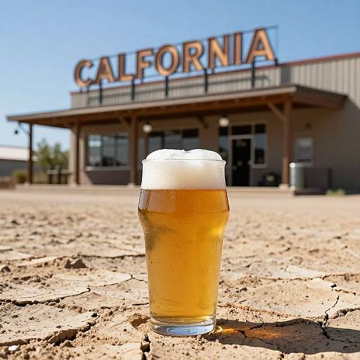 Photograph of a frothy beer glass on sandy ground in front of a rustic California-style building with 