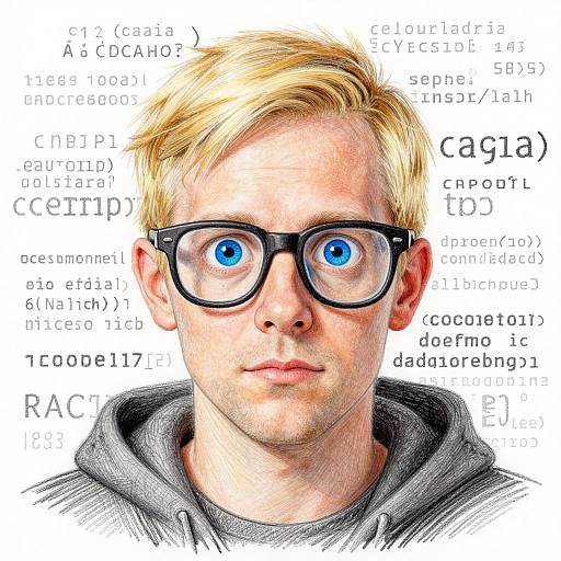 Photorealistic digital portrait of a young Caucasian man with blonde hair, blue eyes, black glasses, and gray hoodie, set against a white background with