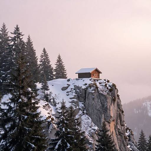 Photograph of a wooden cabin with a snow-covered roof perched on a rocky, snow-dusted mountain peak surrounded by evergreen trees.