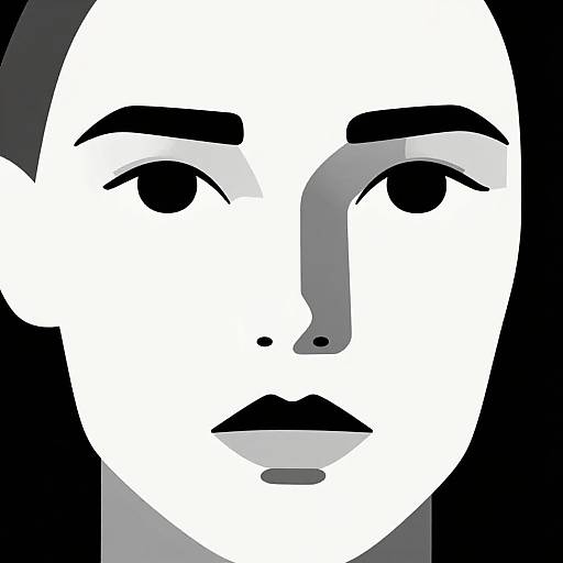 Black and white digital portrait of a solemn-faced person with thick eyebrows, dark eyes, and a small nose dot, set against a solid black background.