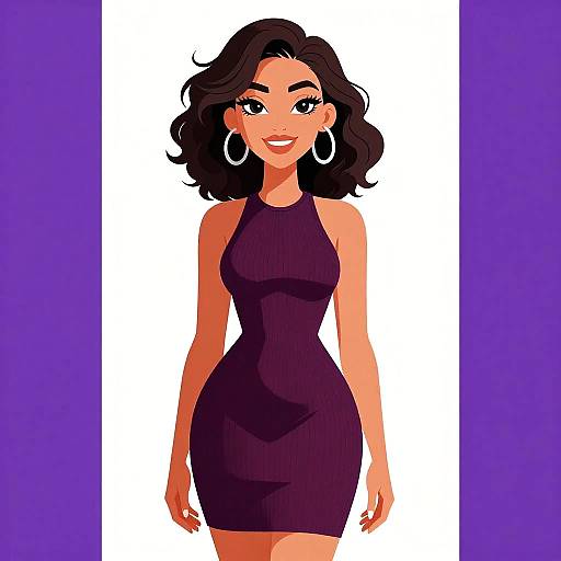Digital illustration of a smiling woman with wavy black hair, wearing a tight, sleeveless, black dress and large silver hoop earrings, against a white