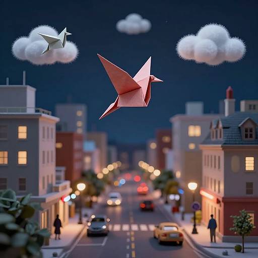 Photorealistic CGI of a red paper airplane soaring over a nighttime city street with illuminated buildings, cars, pedestrians, and fluffy clouds.