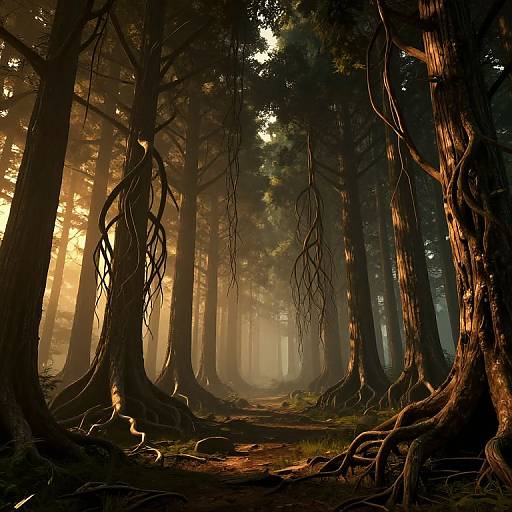 Photorealistic CGI of a dense, sunlit forest with towering, twisted trees, exposed roots, and a misty, ethereal atmosphere. Golden