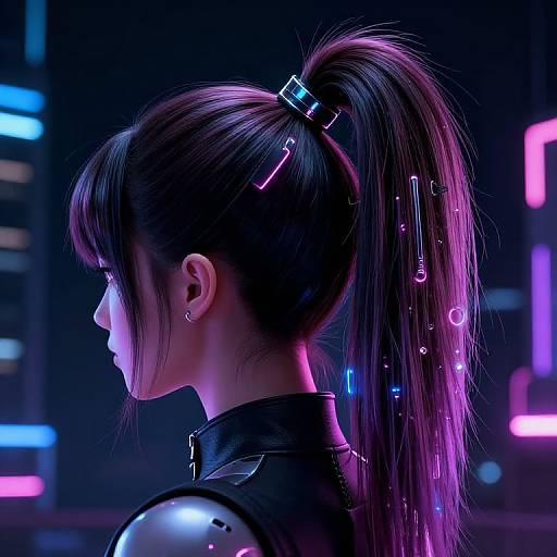 Neon-lit cyberpunk portrait of a woman with a high ponytail, adorned with glowing cyber accessories, wearing a futuristic black jacket.