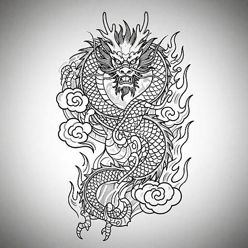 Black and white digital ink drawing of a complex, chaotic dragon-like creature with intricate patterns, flames, and swirling lines on a gradient gray background.