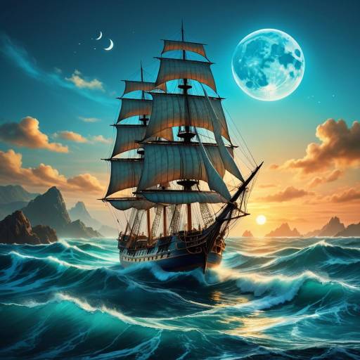 Sailing Ship on Ocean at Sunset